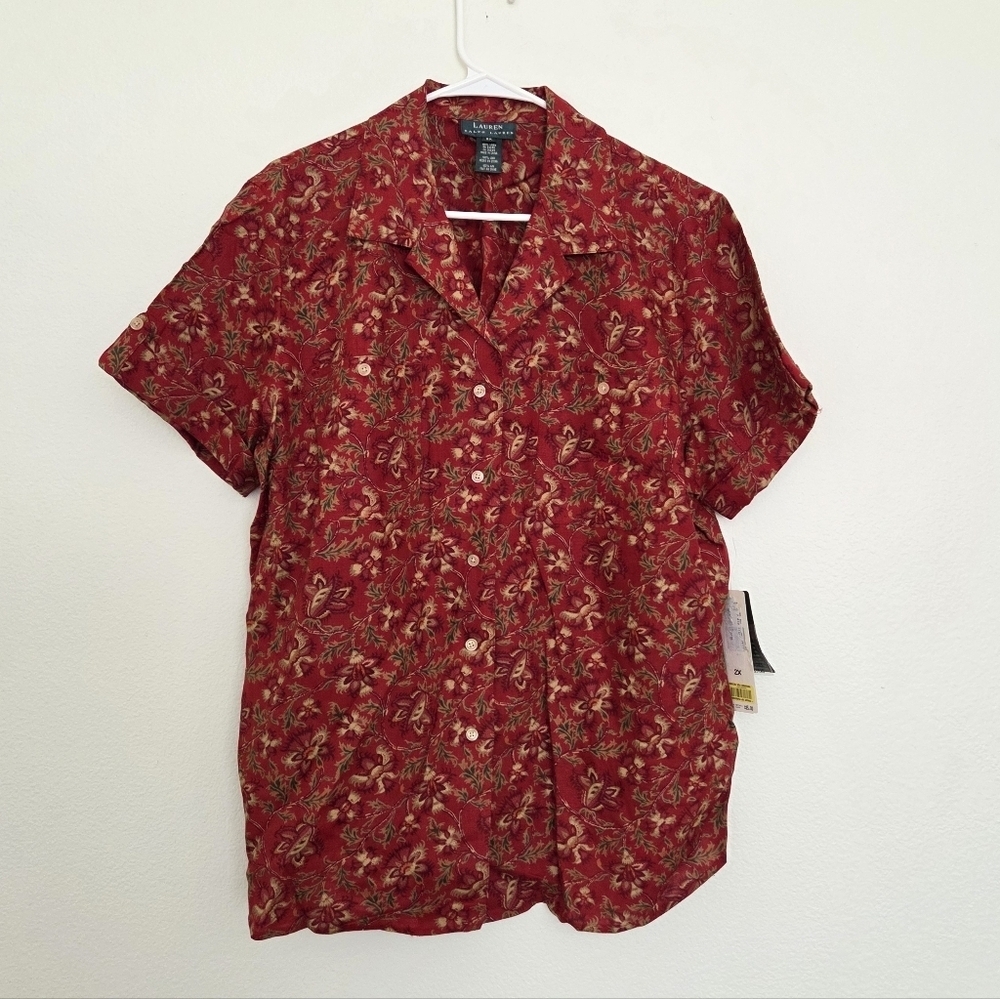 Vintage Lauren Ralph Lauren Red Floral Short-sleeve Button-down Linen Shirt 2X